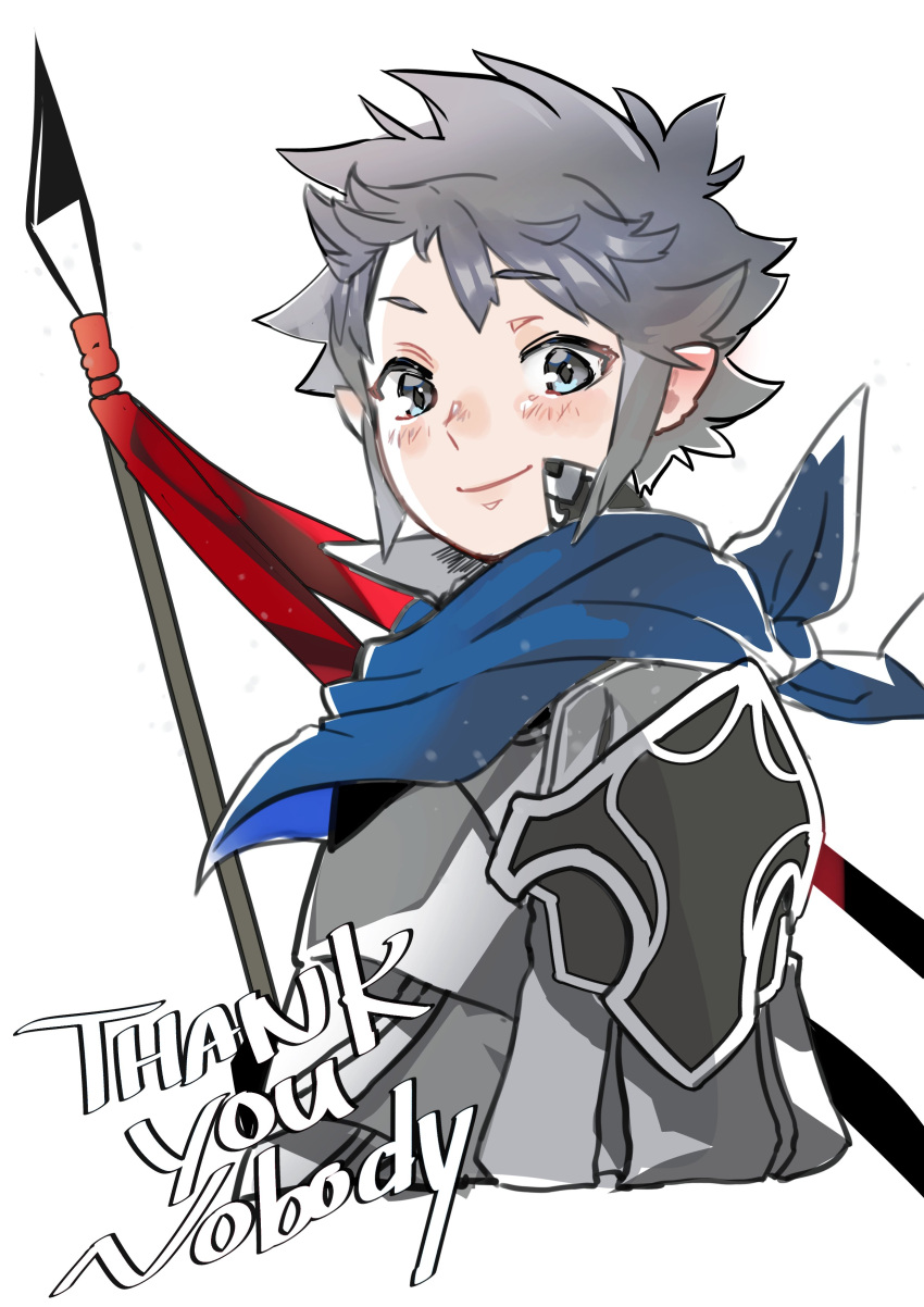 1boy absurdres bandana blue_bandana fire_emblem fire_emblem_fates grey_eyes grey_hair highres holding holding_polearm holding_weapon kana_(fire_emblem) kana_(male)_(fire_emblem) light_smile misokatsuhaumai open_mouth pointy_ears polearm weapon