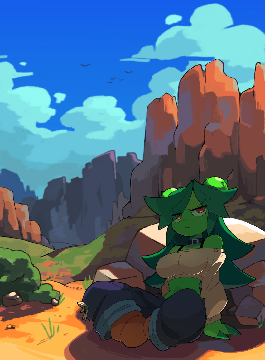 1girl absurdres bacun bird blue_sky breasts bush cactus_girl choker claws cloud colored_skin crop_top day english_commentary flock frown green_hair green_skin highres long_hair midriff monster_girl mountain mountainous_horizon off-shoulder_shirt off_shoulder on_ground original outdoors pants plant_girl rebutia_(bacun) red_eyes rock shade shirt sitting sky solo thorns torn_clothes torn_pants