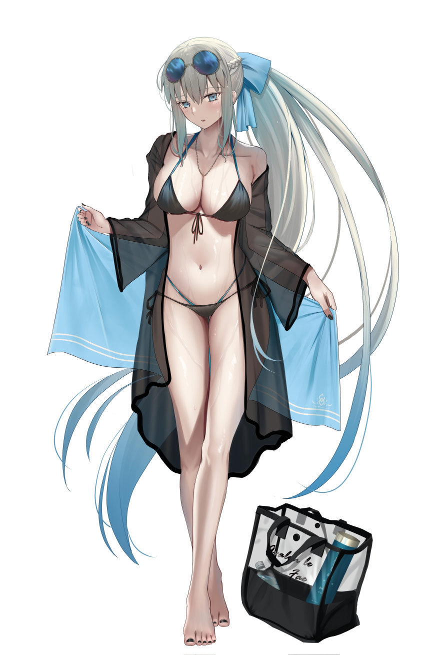 1girl absurdres bare_shoulders bikini black_bikini blue_eyes blush bow braid breasts closed_mouth collarbone fate/grand_order fate_(series) french_braid full_body grey_hair hair_bow highres large_breasts long_hair long_sleeves looking_at_viewer mishiro_(ixtlolton) morgan_le_fay_(fate) navel ponytail sidelocks simple_background smile solo swimsuit thighs very_long_hair wet wet_clothes wet_swimsuit white_background