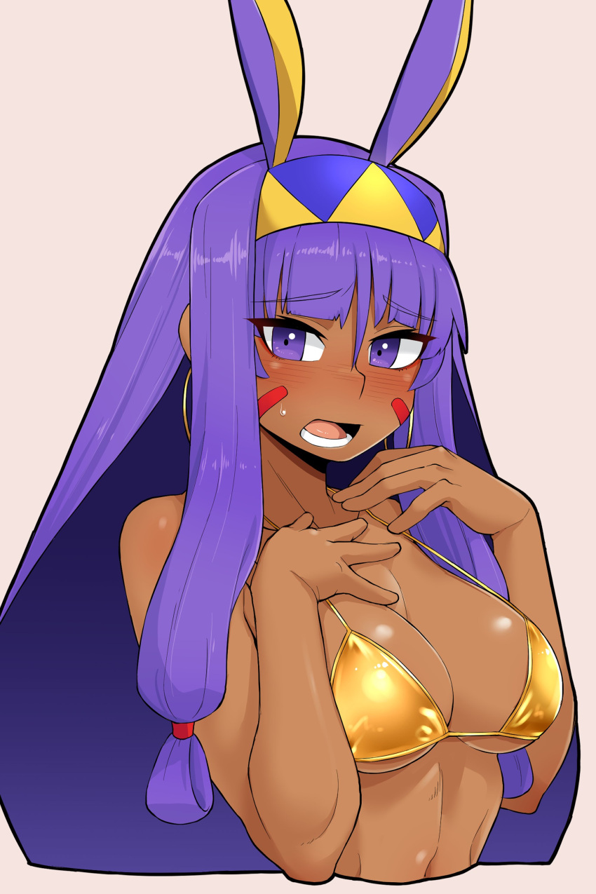 1girl absurdres bikini blush breasts dark-skinned_female dark_skin earrings embarrassed facial_mark fate/grand_order fate_(series) gold_bikini hairband highres hoop_earrings jewelry kurozu_(crozu) long_hair looking_at_viewer medium_breasts nitocris_(fate) open_mouth purple_eyes purple_hair simple_background solo swimsuit