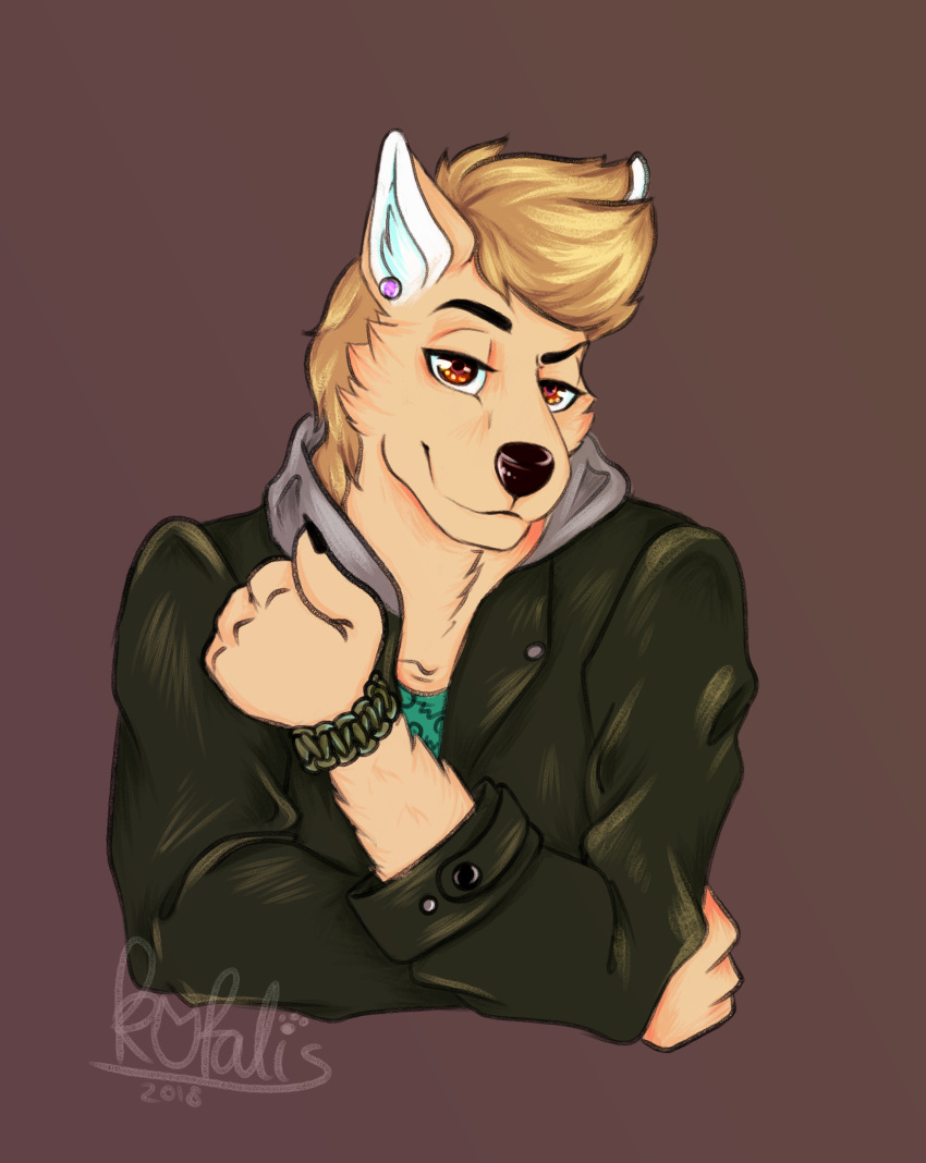 2018 anthro boyfriend bracelet canine clothed clothing cute digital_drawing_(artwork) digital_media_(artwork) ear_piercing hair jewelry kotalis looking_at_viewer male mammal muscular piercing portrait pose simple_background smile solo standing