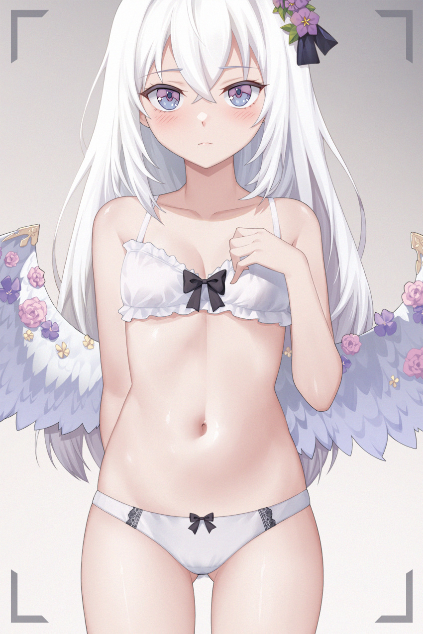 1girl alternate_costume angel_wings ass_visible_through_thighs azusa_(blue_archive) blue_archive blush bra breasts cleavage collarbone commentary_request embarrassed feathered_wings flower hair_between_eyes hair_flower hair_ornament hair_ribbon highres long_hair looking_at_viewer navel panties ribbon sidelocks simple_background solo stomach underwear viewfinder white_bra white_hair white_panties white_wings wings zhong_zi_sheliu