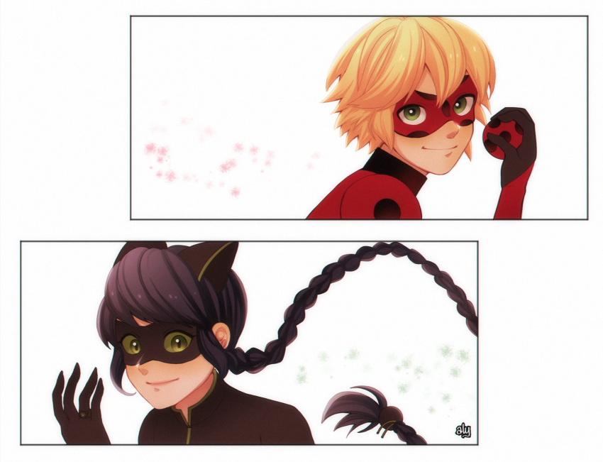 1boy 1girl adrien_agreste animal_ears black_bodysuit black_hair black_mask blonde_hair bodysuit braid cat_ears cat_girl closed_mouth green_eyes highres jewelry lady_noir marinette_dupain-cheng miraculous_ladybug misterbug_(character) red_bodysuit red_mask remurie ring simple_background single_braid smile superhero_costume upper_body white_background