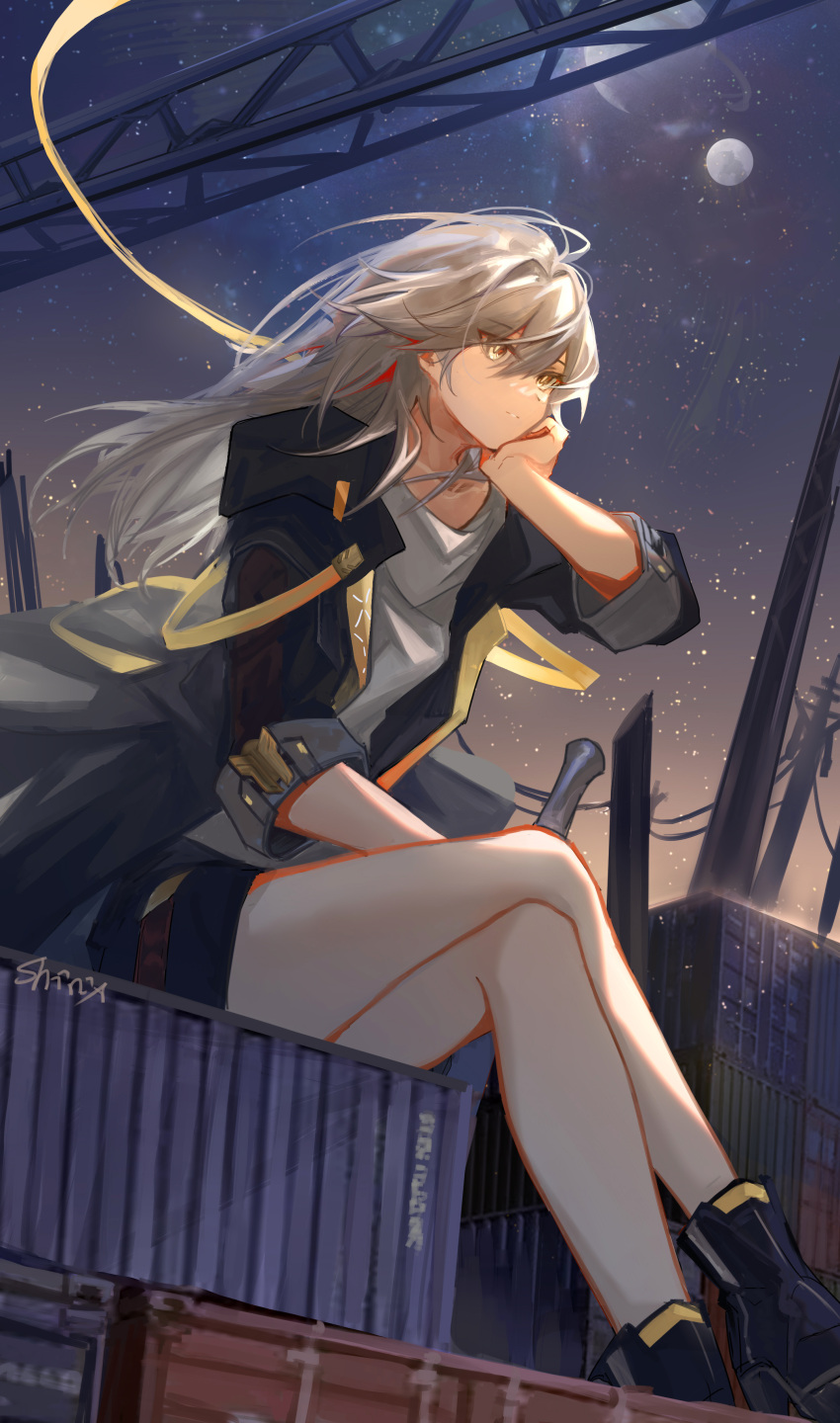 1girl absurdres black_jacket black_shorts container full_moon grey_hair grey_shirt hair_between_eyes hand_on_own_face highres honkai:_star_rail honkai_(series) jacket long_hair long_sleeves moon night night_sky power_lines shirix shirt shorts sitting sky star_(sky) star_(symbol) stelle_(honkai:_star_rail) trailblazer_(honkai:_star_rail) yellow_eyes