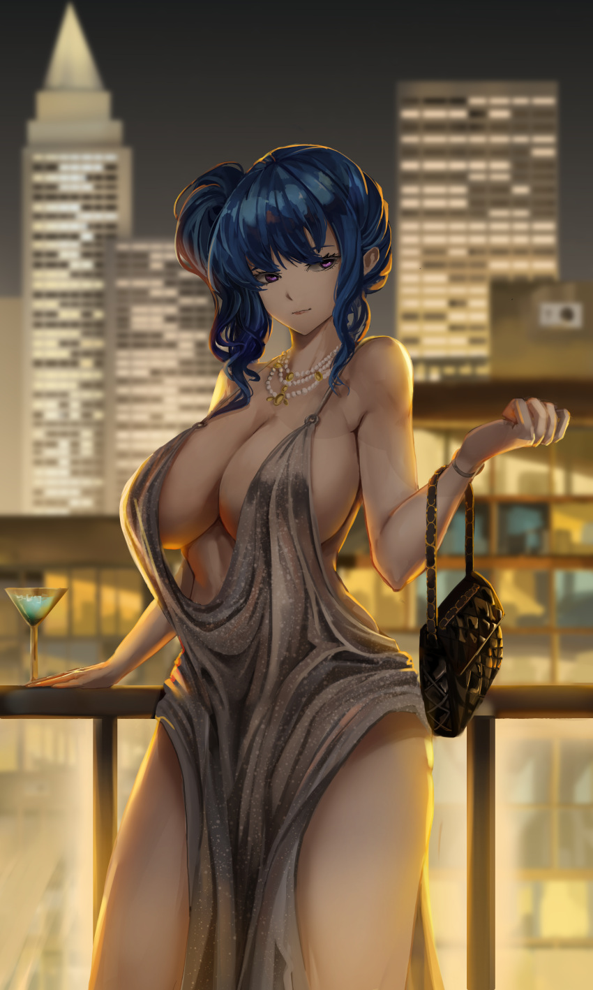 1girl absurdres azur_lane backless_dress backless_outfit bag bare_shoulders black_bag blue_hair breasts cityscape cleavage cocktail_glass cup dress drinking_glass english_commentary evening_gown halter_dress halterneck highres holding holding_bag jewelry large_breasts long_hair looking_at_viewer looking_to_the_side necklace official_alternate_costume outdoors pearl_necklace plunging_neckline purple_eyes revealing_clothes side_ponytail silver_dress sirkku solo st._louis_(azur_lane) st._louis_(luxurious_wheels)_(azur_lane)