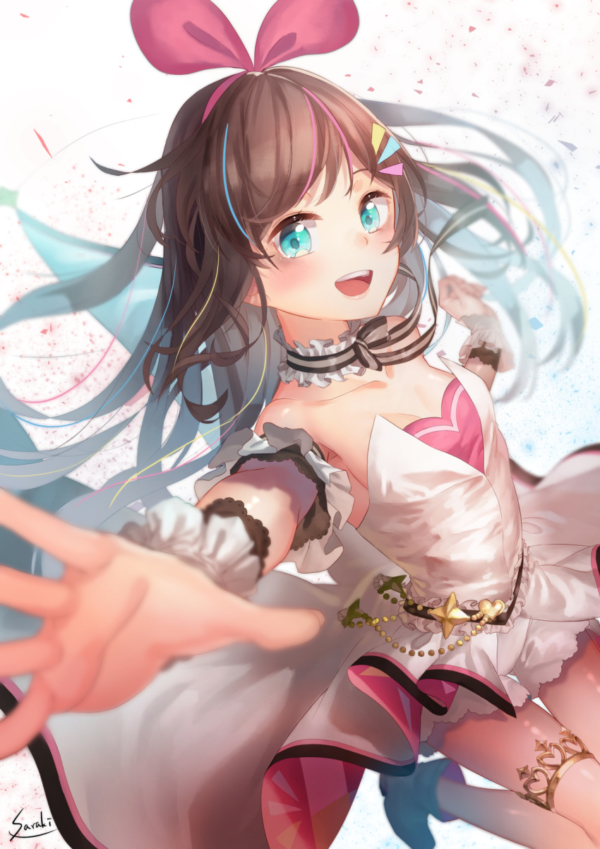 :d a.i._channel bangs bare_shoulders black_bow blurry blurry_background blurry_foreground blush bow breasts brown_hair choker collarbone commentary_request depth_of_field dress eyebrows_visible_through_hair frilled_choker frills green_eyes hair_ribbon heart highres kizuna_ai long_hair looking_at_viewer multicolored_hair open_mouth outstretched_arm pink_hair pink_ribbon ribbon saraki short_shorts shorts small_breasts smile solo strapless strapless_dress streaked_hair striped striped_bow striped_choker upper_teeth very_long_hair white_dress white_shorts wrist_cuffs