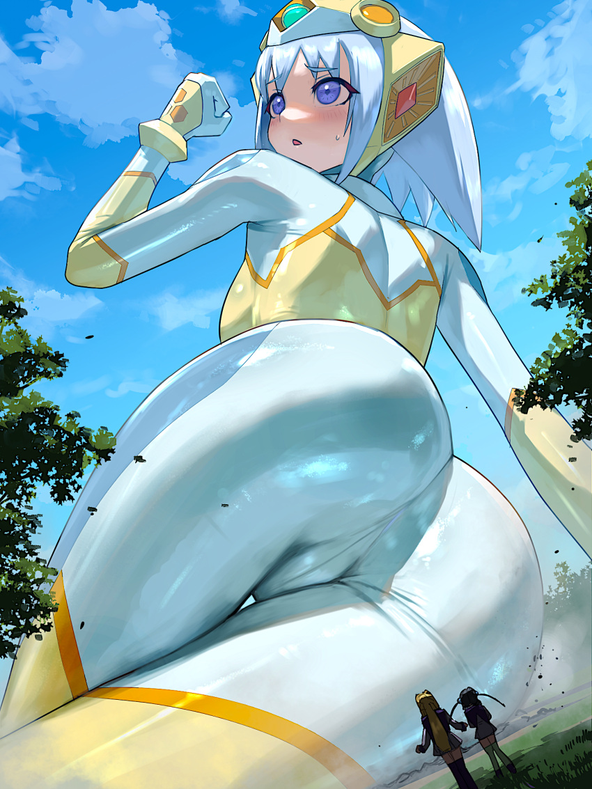 3girls ass blue_eyes blue_sky bodysuit cloud cloudy_sky giant giantess highres multiple_girls nikunopengin original skin_tight sky sweatdrop tokusatsu tree ultimate_girl