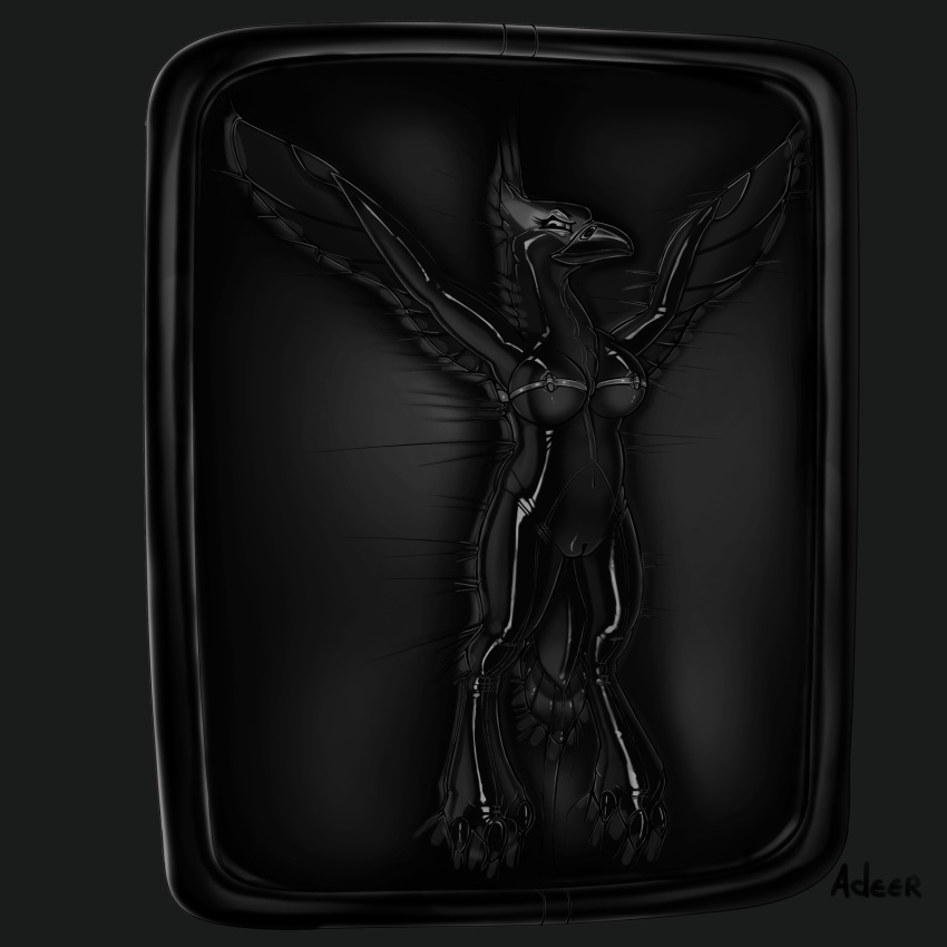 2023 3_toes adeer anthro avian bdsm beak biped bird bodysuit bound breasts claws clothing digitigrade encasement eyelashes feathered_tail feathers feet female frown fully_bound genitals gimp_suit glistening glistening_bodysuit glistening_clothing glistening_skinsuit greyscale hi_res latex latex_bodysuit latex_clothing latex_skinsuit looking_at_viewer male medium_breasts monochrome navel nipple_vibrator non-mammal_breasts non-mammal_pussy pussy sex_toy skinsuit solo spread_arms tail tight_clothing toe_claws toes vacuum_bed vibrator winged_arms wings
