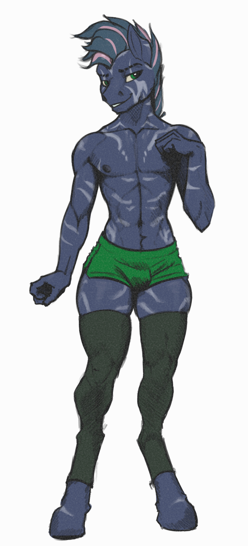 abs absurd_res anthro athletic athletic_male bottomwear bulge clothing equid equine girly hi_res leggings legwear looking_at_viewer male mammal muscular pecs rizzy_stripe rizzyofen shorts slim smile smirk solo twunk unguligrade unguligrade_anthro zebra