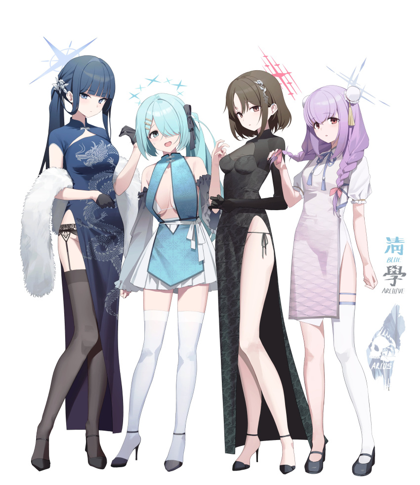 4girls absurdres alternate_costume alternate_hairstyle arius_squad_(blue_archive) atsuko_(blue_archive) black_dress black_footwear black_hair black_thighhighs blue_archive blue_dress blue_eyes blue_hair blue_halo blush braid breasts bun_cover china_dress chinese_clothes detached_sleeves dress green_dress green_eyes green_hair green_halo grey_halo hair_over_one_eye halo high_heels highres hiyori_(blue_archive) large_breasts long_hair medium_breasts misaki_(blue_archive) multiple_girls nagul open_mouth purple_hair red_eyes red_halo saori_(blue_archive) short_hair short_sleeves side_ponytail simple_background single_thighhigh small_breasts thighhighs twin_braids white_background white_dress white_thighhighs
