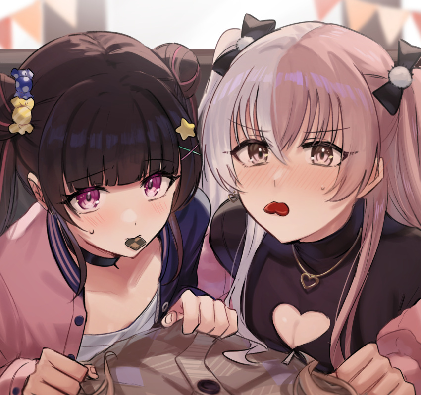 3girls aoki_shizumi black_bow black_choker black_hair blurry blurry_background blush bow breasts brown_sweater candy chocolate choker cleavage cleavage_cutout clothing_cutout commentary d4dj double_bun female_pov food food_in_mouth hair_bow hair_bun heart heart-shaped_chocolate heart_cutout heart_necklace highres indoors jacket jewelry kaibara_michiru long_hair long_sleeves looking_at_viewer multicolored_hair multiple_girls necklace pink_eyes pink_hair pink_jacket pov purple_eyes shinomiya_kokoa shirt small_breasts streaked_hair sweatdrop sweater tendo_hayate twintails two-tone_hair white_hair white_shirt yuri