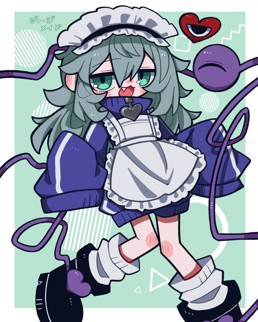 1girl :3 absurdres alternate_costume apron black_footwear blush fang frilled_apron frills full-face_blush green_background green_eyes green_hair highres jacket knee_blush komeiji_koishi long_hair long_sleeves looking_at_viewer loose_socks maid_apron maid_headdress messy_hair open_mouth socks third_eye touhou track_jacket zipper zunusama