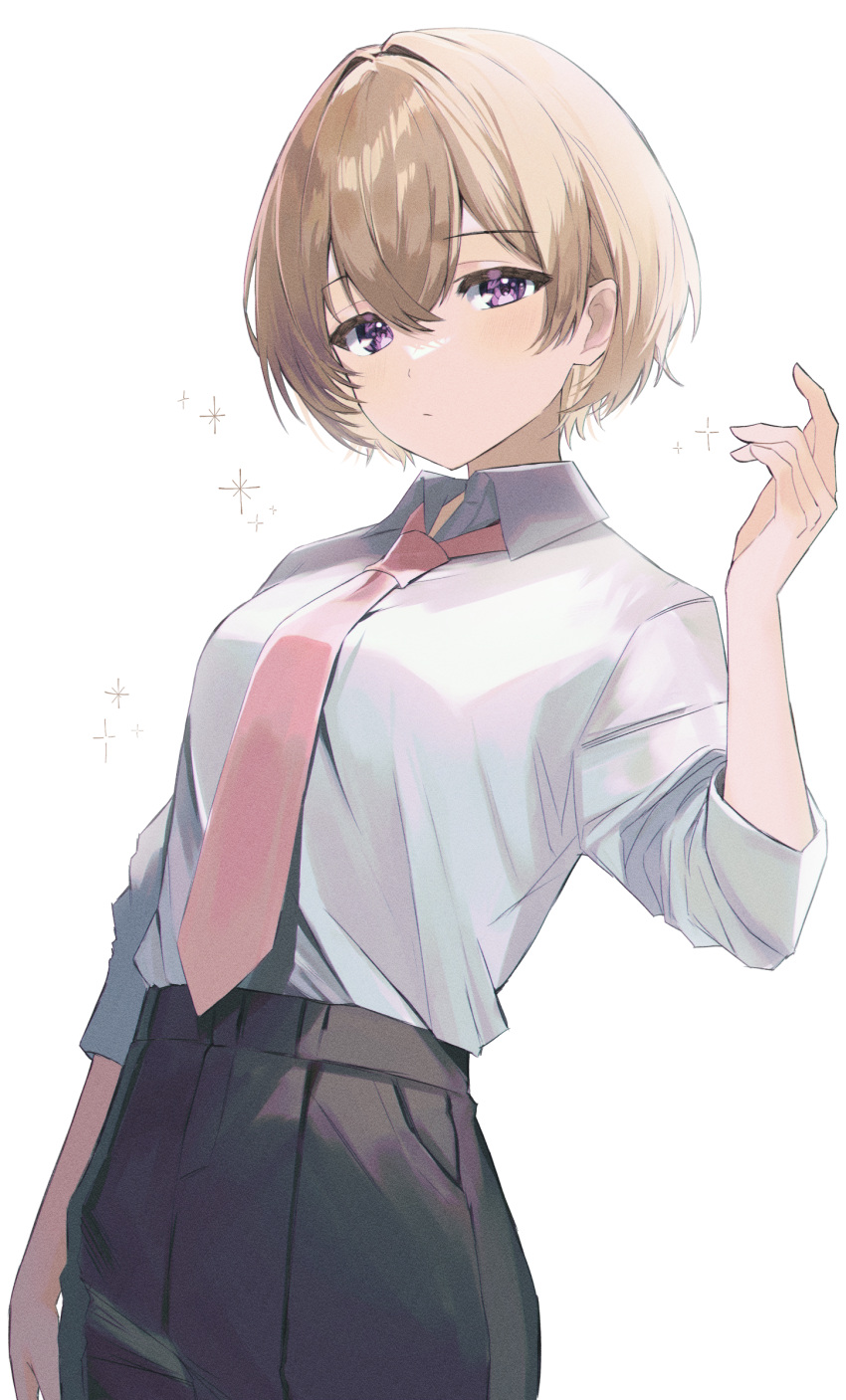 1girl absurdres arm_up black_skirt blonde_hair breasts closed_mouth highres looking_at_viewer medium_breasts necktie nyanyasamu original purple_eyes red_necktie school_uniform shirt short_hair short_sleeves skirt solo sparkle_background uniform white_background white_shirt