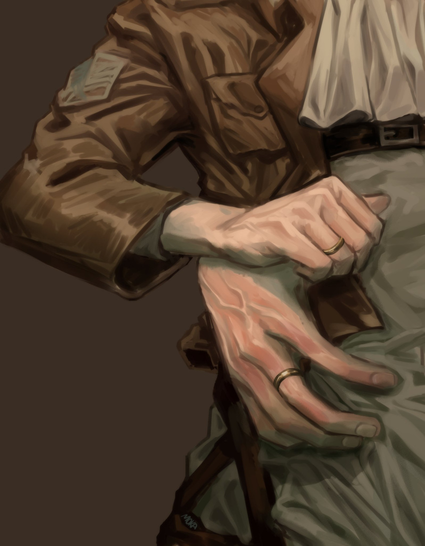 2boys ascot close-up erwin_smith hand_focus hand_on_another's_waist hand_size_difference head_out_of_frame highres husband_and_husband jewelry levi_(shingeki_no_kyojin) m0kaccinoh male_focus multiple_boys multiple_girls paradis_military_uniform ring shingeki_no_kyojin upper_body veins veiny_hands yaoi