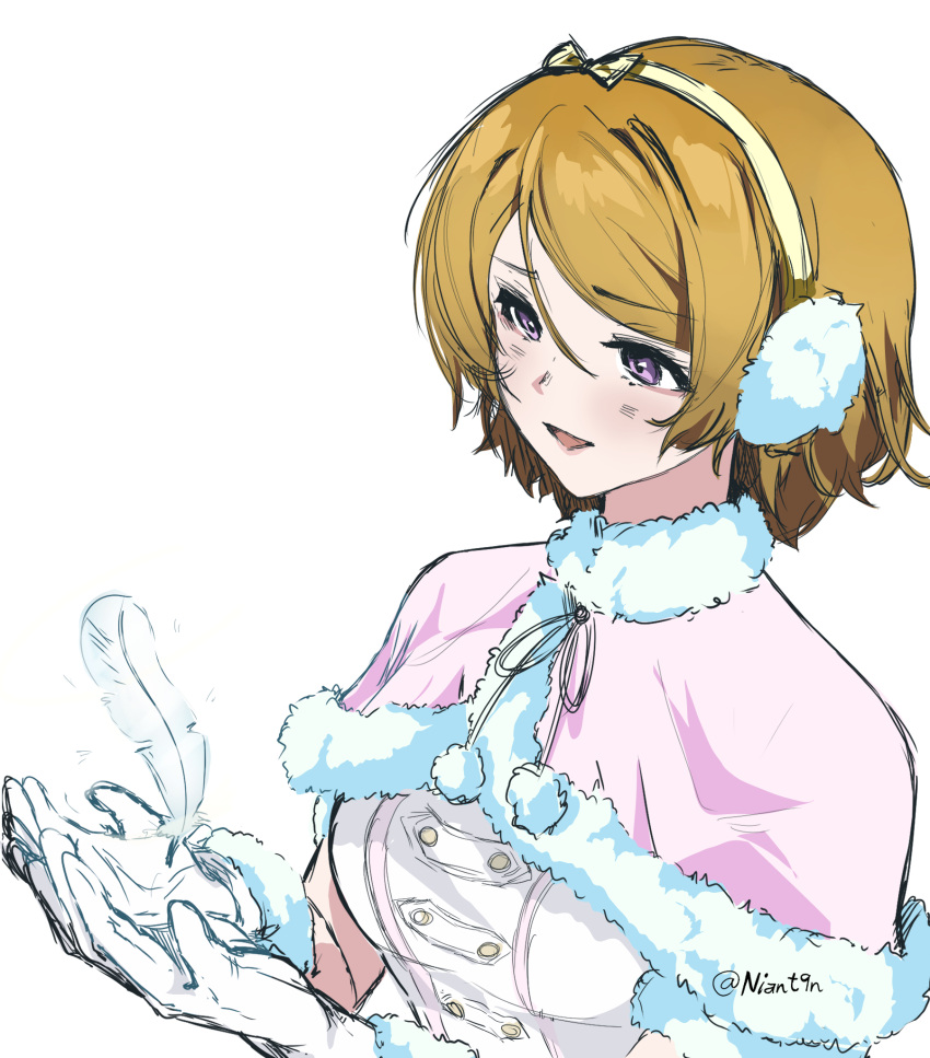 1girl bow_hairband brown_hair capelet commentary earmuffs english_commentary feathers fur-trimmed_capelet fur_trim gloves hairband highres koizumi_hanayo love_live! love_live!_school_idol_project niant9n open_mouth pink_capelet purple_eyes shirt short_hair simple_background smile solo twitter_username upper_body white_background white_gloves white_shirt yellow_hairband
