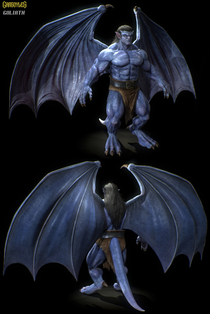 3d_(artwork) abs back_muscles barefoot belt biceps big_muscles blue_lips blue_nipples blue_skin claws clothed clothing digital_media_(artwork) disney gargoyles goliath_(gargoyles) hair humanoid loincloth long_hair male marcus_dublin muscular nipples not_furry obliques pecs pointy_ears solo standing talons topless triceps vein veiny_muscles wings
