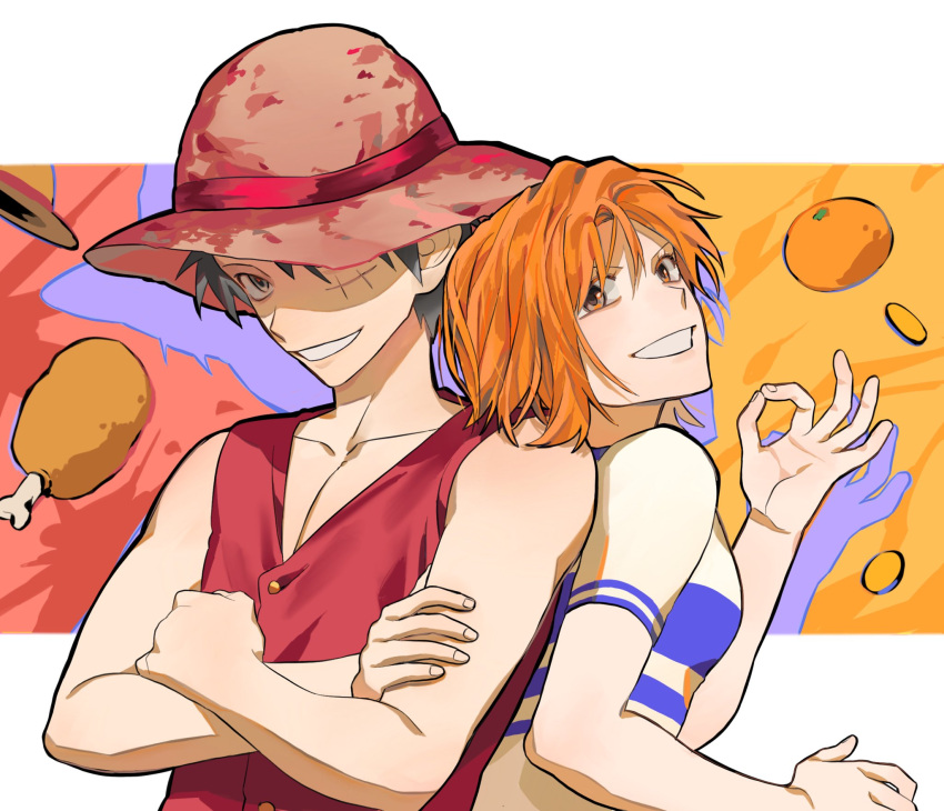 1boy 1girl black_hair boned_meat commentary crossed_arms english_commentary food fruit hat hat_over_one_eye highres looking_at_viewer mandarin_orange meat monkey_d._luffy nami_(one_piece) ok_sign one_piece orange_hair red_shirt scar scar_on_cheek scar_on_face shirt short_hair short_sleeves sleeveless sleeveless_shirt smile straw_hat water4829
