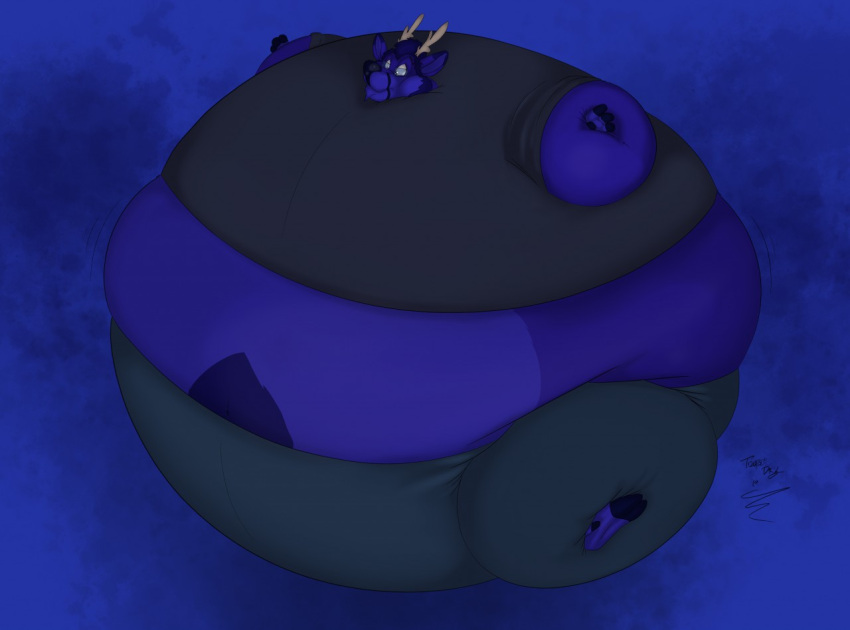 anthro antlers blue_body blue_fur blueberry_inflation body_inflation cheek_bulge clothed clothing deer eyewear fur glasses hooves horn immobile inflation male mammal solo spherical_inflation tumble-dry