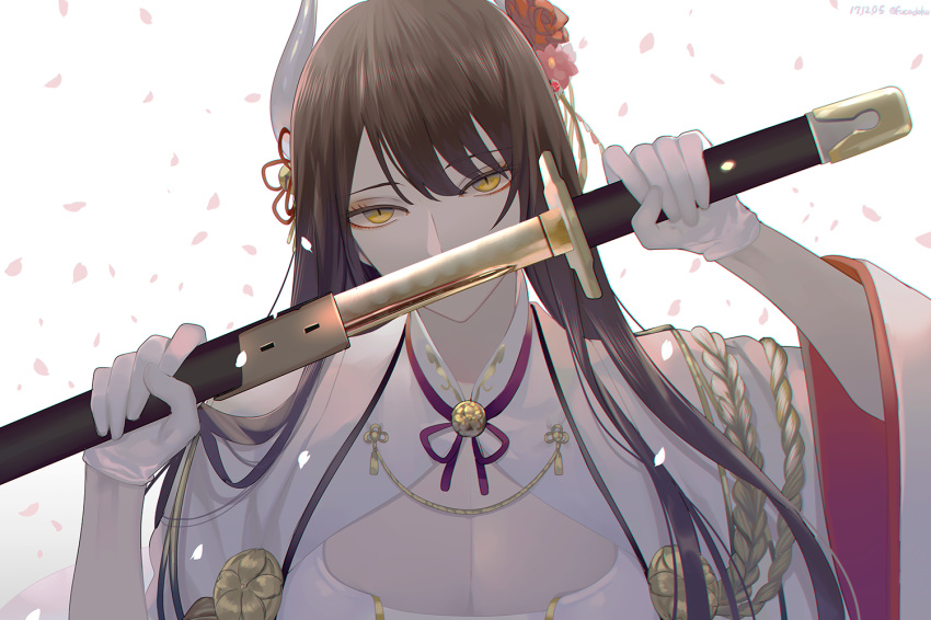 azur_lane black_hair breasts cleavage cleavage_cutout commentary covered_mouth flower fucodoku hair_flower hair_ornament hiei_(azur_lane) holding holding_sword holding_weapon horns katana left-handed long_hair looking_at_viewer medium_breasts petals sheath simple_background solo sword twitter_username unsheathing upper_body weapon white_background yellow_eyes