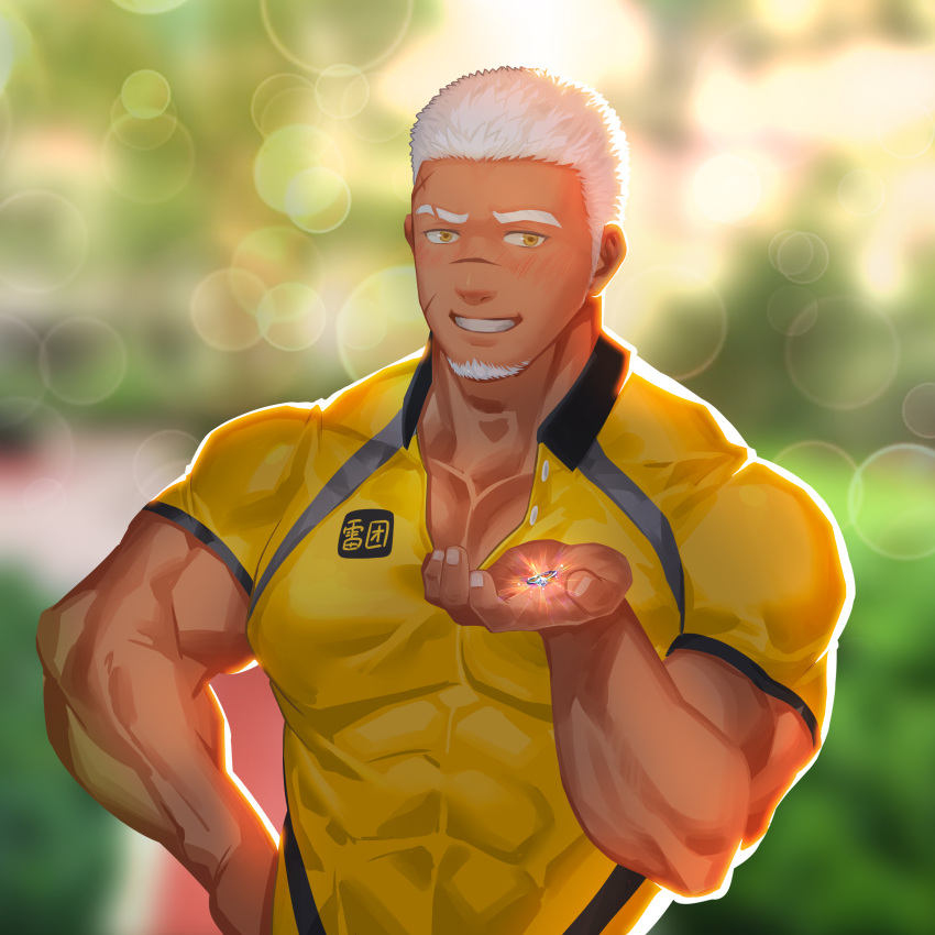 1boy absurdres bara blurry bokeh dark-skinned_male dark_skin depth_of_field employee_uniform eyebrow_cut glowing hand_up highres indie_virtual_youtuber large_pectorals lei_bailin lrpanda00 male_focus muscular muscular_male pectoral_cleavage pectorals scar scar_on_face scar_on_forehead second-party_source shirt short_hair smile solo taut_clothes taut_shirt thick_eyebrows uniform virtual_youtuber white_hair