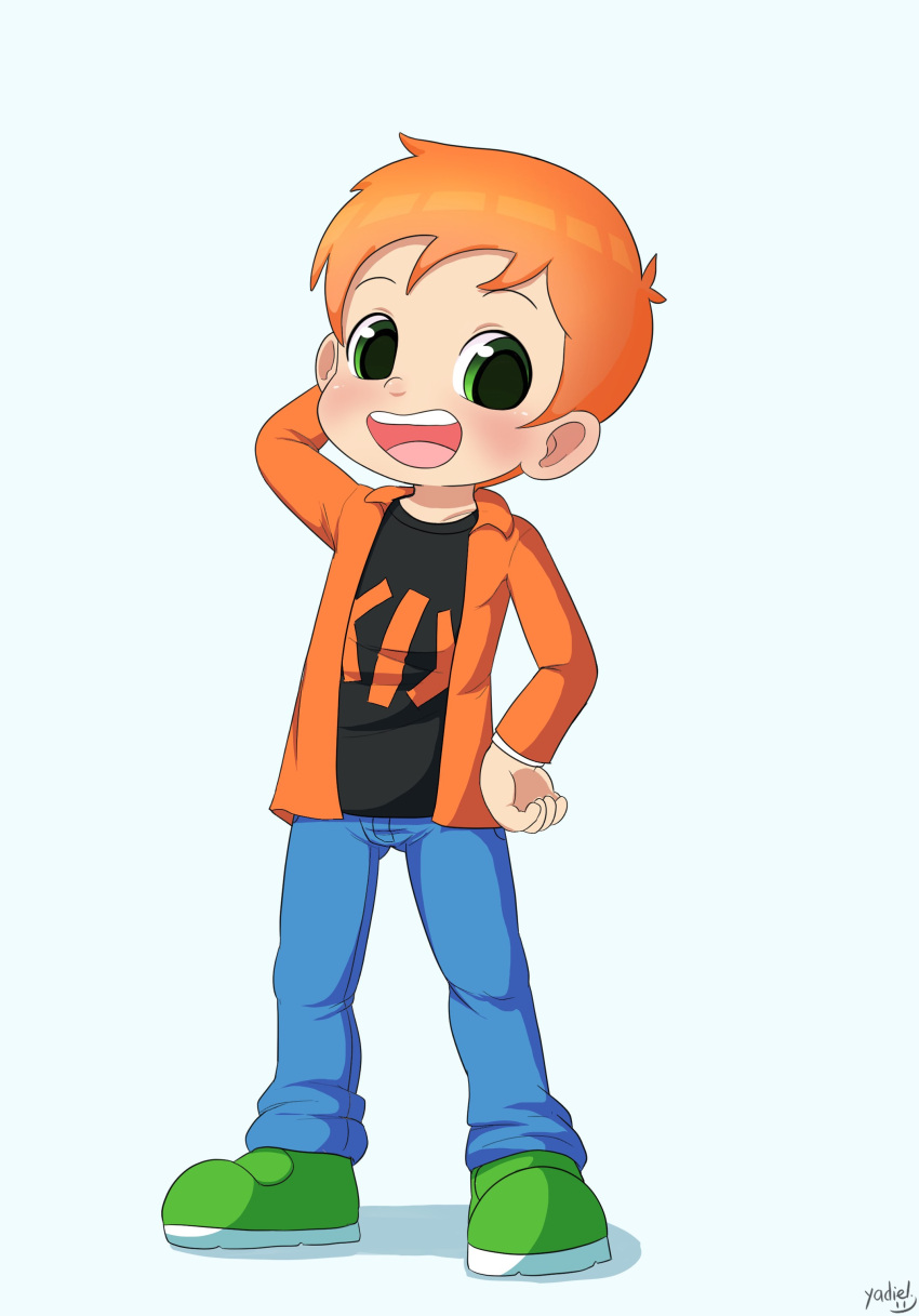 absurdres black_shirt child denim green_eyes green_footwear hand_on_own_head hand_on_own_hip highres jacket jeans looking_at_viewer orange_hair orange_jacket original pants shirt standing yadiel