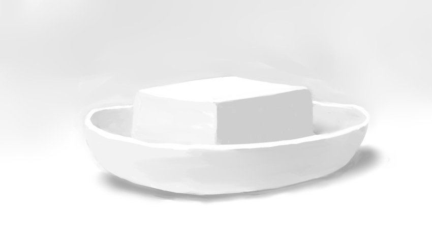 bowl food food_focus greyscale highres monochrome no_humans original simple_background tofu tsukumizu_yuu white_background white_theme