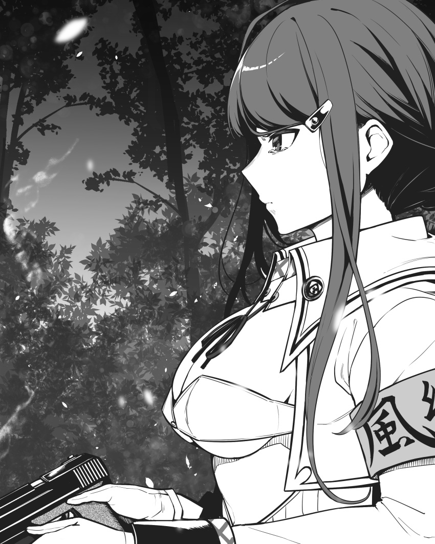 1girl absurdres armband badge bandeau breasts bush button_badge cleavage from_side glaring gloves greyscale gun hair_ornament hairclip highres holding holding_gun holding_weapon large_breasts long_hair looking_at_another monochrome nukigee_mitai_na_shima_ni_sunderu_watashi_wa_dou_surya_ii_desu_ka? open_clothes ribbon shiranami_ryuji shirt sidelocks solo tadasugawa_rei tearing_up tears tree weapon white_bandeau