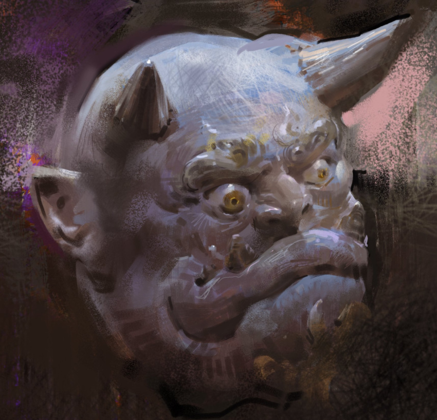 1boy abstract abstract_background bald closed_mouth creature fat faux_traditional_media highres horns horror_(theme) looking_at_viewer looking_to_the_side male_focus monster no_humans oni original painterly pointy_ears portrait realistic solo teeth yellow_eyes yuming_li