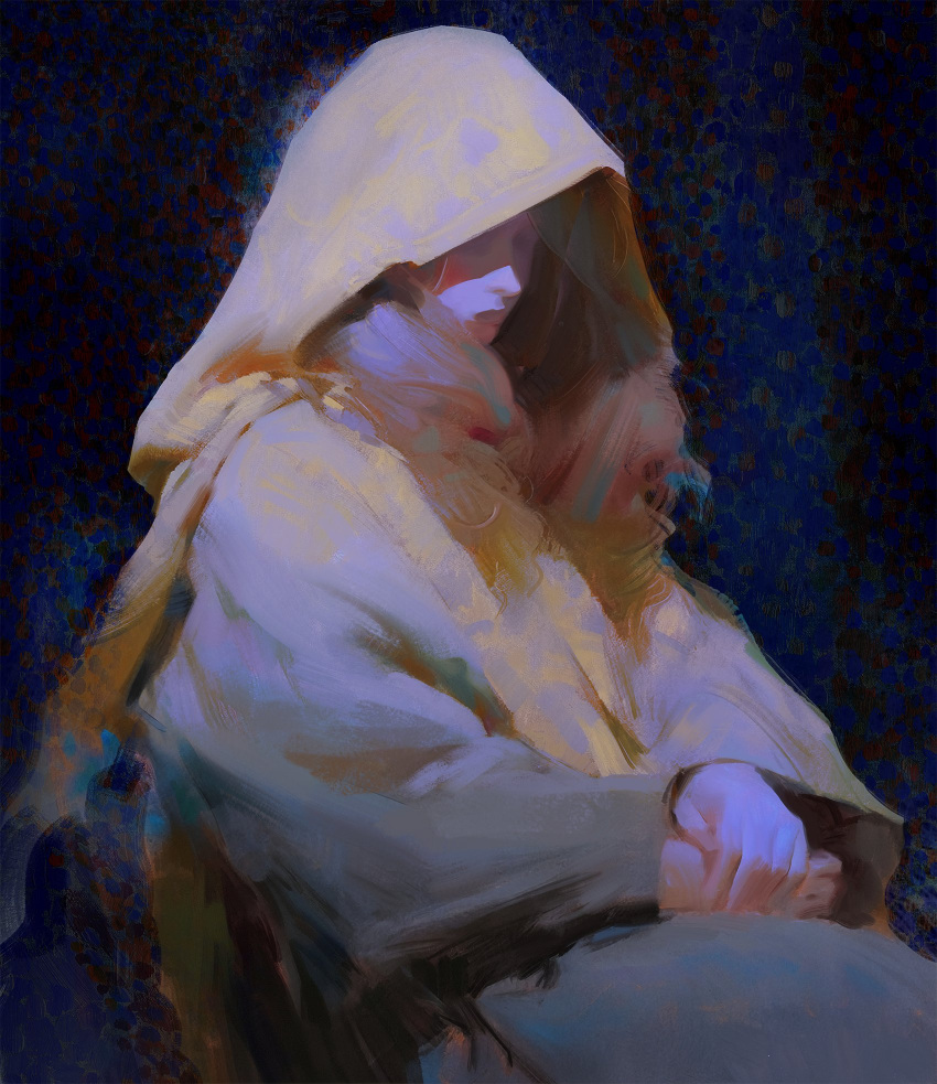 1girl abstract_background black_background blue_background bound brown_hair cloak closed_mouth commentary english_commentary faux_traditional_media from_side highres hood hood_up hooded_cloak long_hair long_sleeves own_hands_together profile shaded_face sitting solo upper_body yuming_li