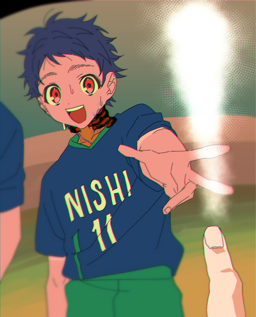 1boy :d anchiki_shou bad_id bad_twitter_id blue_hair blue_shirt chromatic_aberration clothes_writing disembodied_limb hand_on_another's_arm hand_up highres ichijou_shin king_of_prism_by_prettyrhythm looking_at_viewer male_focus open_mouth outstretched_arm photo_(object) pov pov_hands pretty_rhythm pretty_series red_eyes shirt short_sleeves smile solo_focus sportswear sweat t-shirt when_you_see_it
