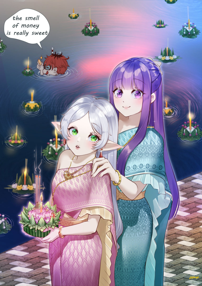 1boy 2girls absurdres blue_dress blush candle closed_mouth coin dress dungodango earrings elf fern_(sousou_no_frieren) frieren green_eyes grey_hair highres jewelry kratong long_hair looking_at_viewer loy_kratong multicolored_hair multiple_girls open_mouth pink_dress pointy_ears purple_eyes purple_hair red_hair river smile sousou_no_frieren stark_(sousou_no_frieren) swimming thai_clothes water