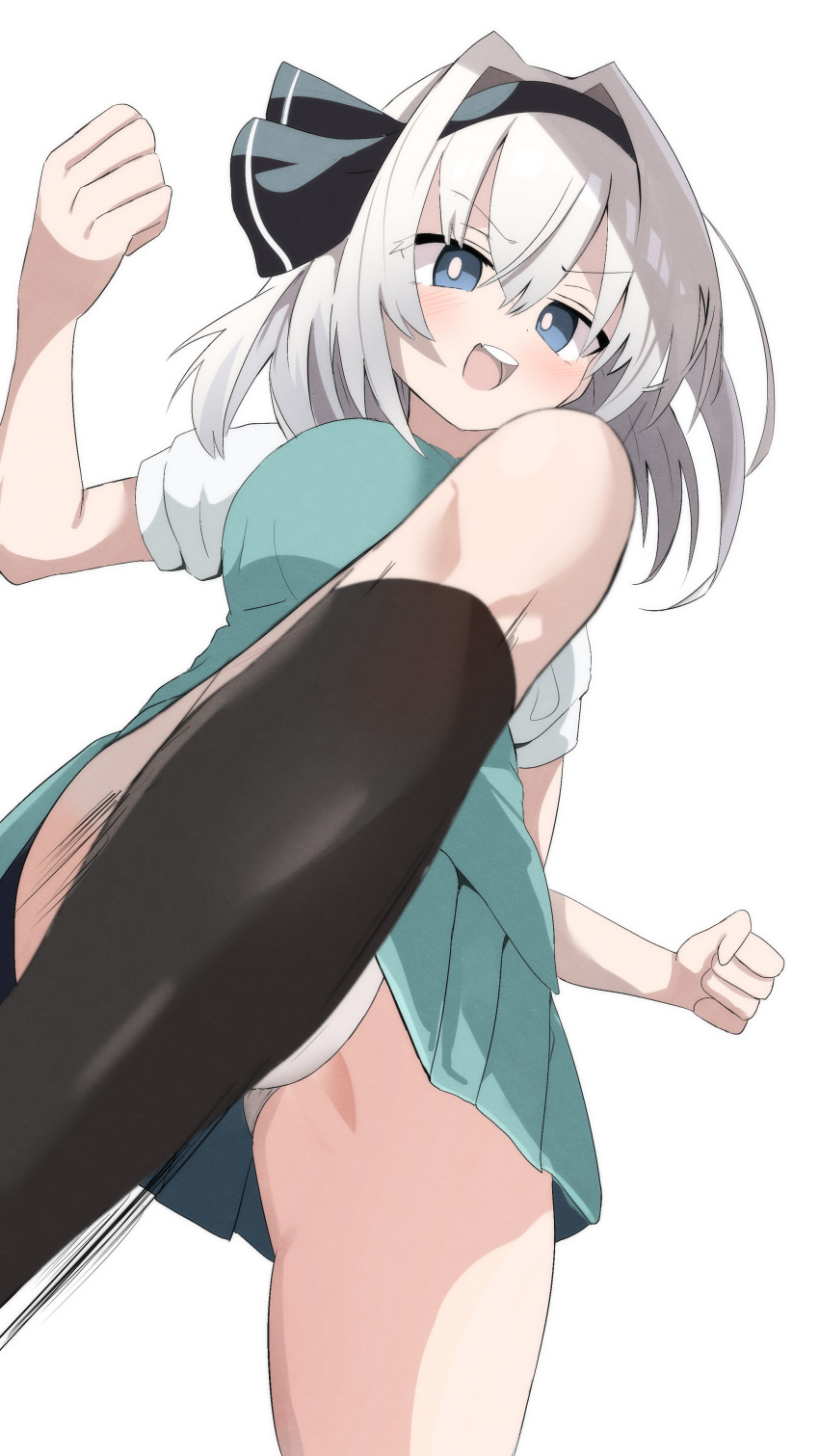 1girl absurdres black_bow black_hairband blue_eyes bow bow_hairband breasts clenched_hands commentary_request daru_(kumakumadon) from_below green_skirt green_vest hair_between_eyes hair_intakes hairband hand_up highres incoming_kick konpaku_youmu light_blush looking_at_viewer medium_breasts medium_hair open_mouth panties pantyshot pleated_skirt shirt short_sleeves simple_background skirt solo standing touhou underwear vest white_background white_hair white_panties white_shirt