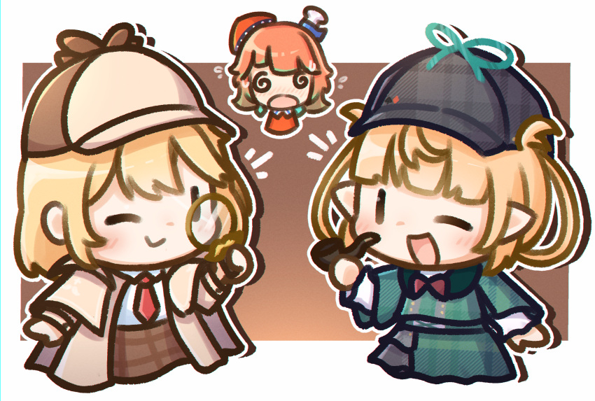 @_@ black_hat blush brown_hat brown_skirt chibi chibi_only coat commentary deerstalker detective english_commentary green_coat green_skirt hat highres hololive hololive_english long_sleeves moon_ldl nijisanji nijisanji_en pomu_rainpuff pomu_rainpuff_(4th_costume) skirt spiral-only_eyes takanashi_kiara virtual_youtuber watson_amelia watson_amelia_(1st_costume) |_|