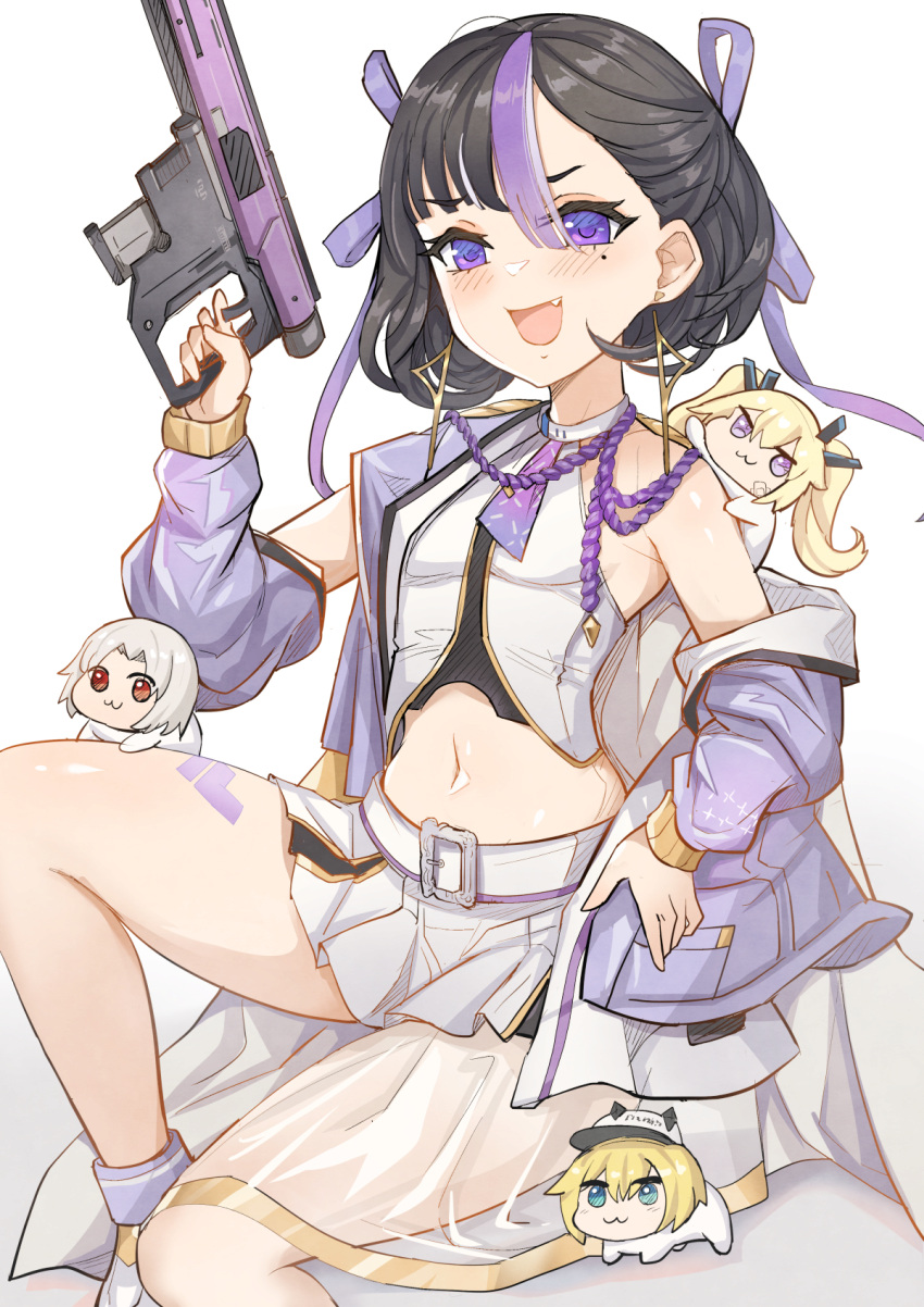 1girl :3 :d black_hair blonde_hair blush breasts collarbone commentary creature doro_(nikke) drake_(nikke) earrings fang goddess_of_victory:_nikke green_eyes grey_hair gun hair_between_eyes hair_ribbon highres holding holding_gun holding_weapon jacket jewelry laplace_(nikke) leg_tattoo looking_at_viewer matis_(nikke) maxwell_(nikke) midriff mole mole_under_eye multicolored_hair navel necktie off_shoulder open_mouth parted_bangs purple_eyes purple_hair purple_jacket purple_necktie purple_ribbon red_eyes ribbon see-through shirt shoes short_hair short_necktie single_bare_shoulder sitting skirt small_breasts smile streaked_hair submachine_gun syuen_(nikke) tattoo triangle_earrings twintails visor_cap weapon white_footwear white_shirt white_skirt yougenko