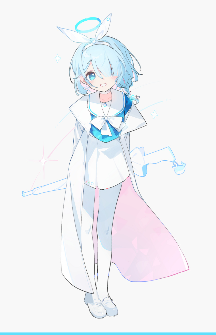 1girl arin_(fanfan013) arona_(blue_archive) blue_archive blue_eyes blue_hair blue_halo blush bow_hairband braid coat full_body grin hairband halo highres looking_at_viewer open_clothes open_coat pantyhose sailor_collar shoes short_hair single_braid skirt smile solo white_coat white_footwear white_hairband white_pantyhose white_sailor_collar white_skirt