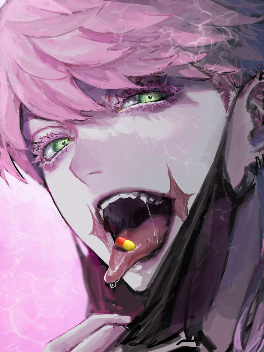 1boy black_mask close-up ear_piercing eyelashes from_side green_eyes heart heart-shaped_pupils highres jiz_(pffbq) looking_at_viewer male_focus mask_pull open_mouth piercing pill_in_mouth pink_background pink_hair saliva sanzu_haruchiyo scar scar_on_face simple_background solo symbol-shaped_pupils teeth tokyo_revengers tongue tongue_out upper_teeth_only