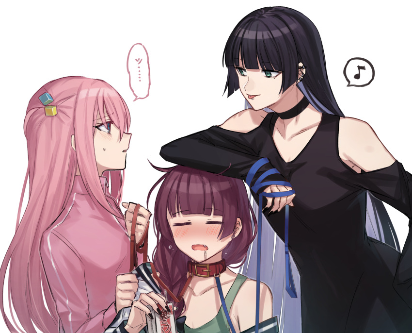 3girls alcohol alcohol_carton aoki_shizumi aqua_eyes barbell_piercing black_choker black_dress black_hair black_nails blue_eyes blunt_bangs blush bocchi_the_rock! braid breasts carton chin_piercing choker clothing_cutout colored_inner_hair commentary_request cube_hair_ornament dress drunk ear_piercing goth_fashion gotoh_hitori green_dress green_eyes hair_between_eyes hair_ornament hair_over_shoulder highres hime_cut hiroi_kikuri holding holding_carton industrial_piercing jacket juice_box large_breasts leash lip_piercing long_dress long_hair long_sleeves low-braided_long_hair low-tied_long_hair medium_bangs medium_dress multicolored_clothes multicolored_hair multicolored_jacket multiple_girls one_side_up open_mouth pa-san piercing pink_hair pink_jacket pink_track_suit purple_hair shoulder_cutout single_braid sleeves_past_fingers sleeves_past_wrists track_jacket white_background yuri