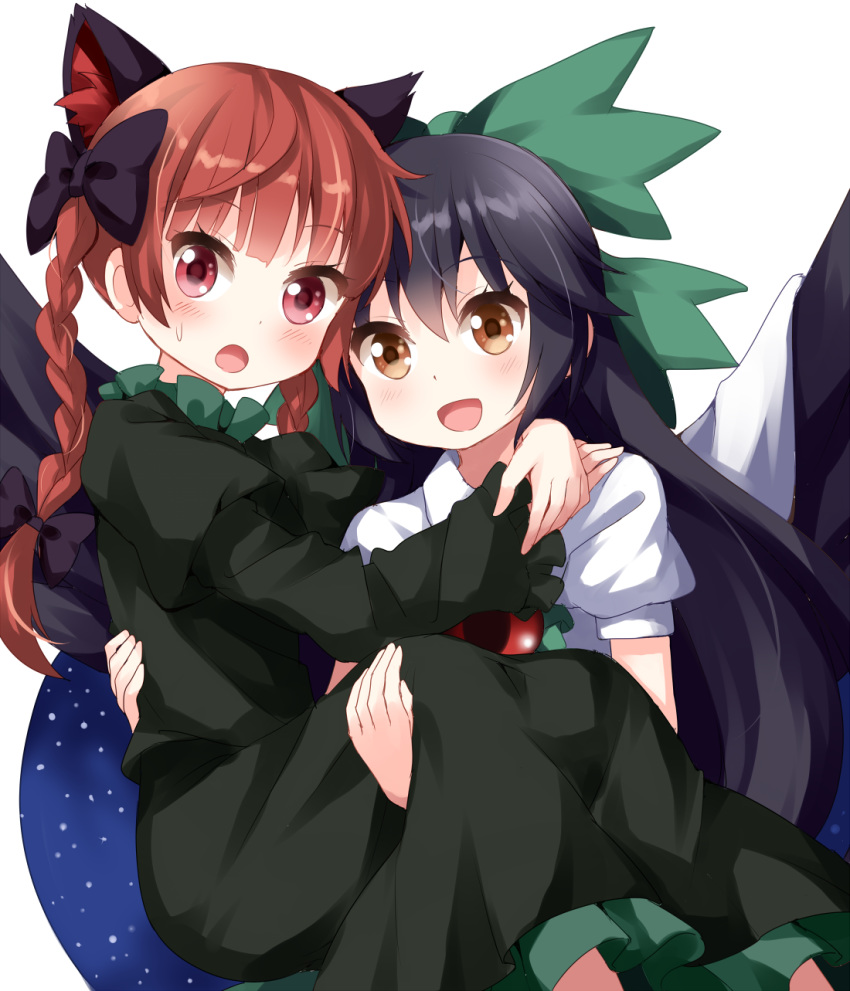 :d :o animal_ears bangs black_bow black_hair black_wings blush bow braid brown_eyes cape carrying cat_ears commentary_request cowboy_shot dress eyebrows_visible_through_hair feet_out_of_frame green_bow green_dress hair_between_eyes hair_bow highres juliet_sleeves kaenbyou_rin long_hair long_sleeves looking_at_viewer multiple_girls open_mouth princess_carry puffy_short_sleeves puffy_sleeves red_eyes red_hair reiuji_utsuho ruu_(tksymkw) shirt short_sleeves simple_background smile standing touhou twin_braids white_background white_cape white_shirt wing_collar wings