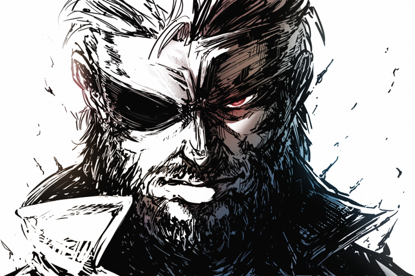 beard big_boss eyepatch facial_hair high_collar imizu_(nitro_unknown) looking_at_viewer male_focus manly metal_gear_(series) metal_gear_solid metal_gear_solid_3 portrait red_eyes solo spot_color