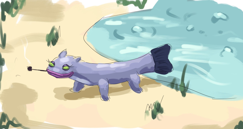2024 3_toes catfish feet female feral fish green_eyes hi_res lady_namazu_(jerzzy) lips marine pool purple_body purple_scales quadruped redustheriotact scales sketch smile smoke smoking_pipe solo toes water