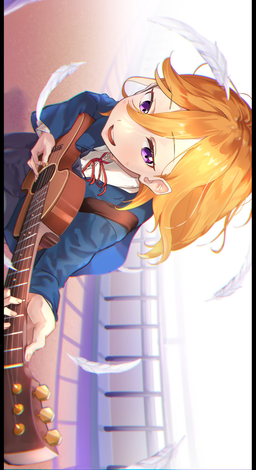 1girl absurdres acoustic_guitar blue_jacket collared_shirt commentary_request dress falling_feathers feathers grey_dress guitar highres holding holding_instrument instrument jacket long_sleeves looking_at_viewer love_live! love_live!_superstar!! medium_hair neck_ribbon open_mouth orange_hair outdoors purple_eyes red_ribbon repurika ribbon school_uniform shibuya_kanon shirt sideways solo teeth upper_body upper_teeth_only white_shirt winter_uniform yuigaoka_school_uniform