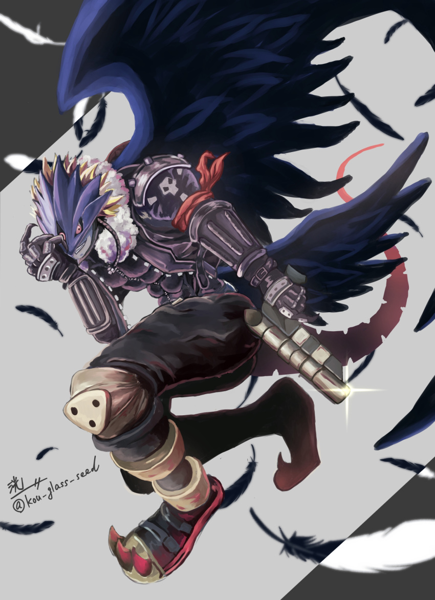 bandana bandana_around_arm beelzebumon beelzebumon_blast_mode black_feathers black_jacket black_pants black_wings blonde_hair colored_skin cropped_jacket demon digimon eye_mask feathered_wings feathers glint grey_background grey_skin gun hand_on_own_face highres holding holding_gun holding_weapon jacket knee_pads kou_(xcws3487) negative open_clothes open_jacket pants purple_eyes red_bandana short_hair smirk spiked_hair tail teeth third_eye twitter_username weapon wings