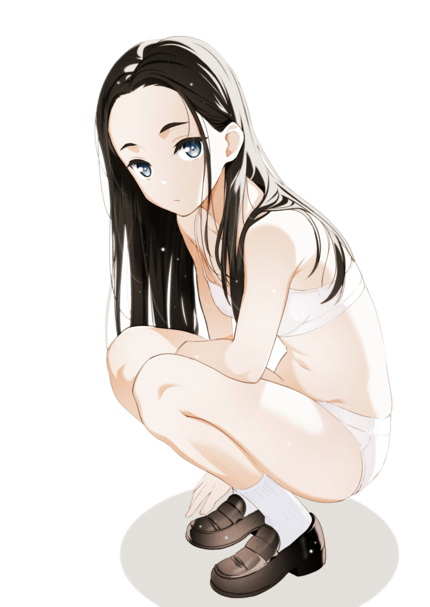 1girl black_footwear blue_eyes bra breasts closed_mouth forehead hair_behind_ear highres loafers long_hair moonsorrow navel original panties parted_hair shoes simple_background small_breasts socks solo squatting underwear white_background white_bra white_panties white_socks