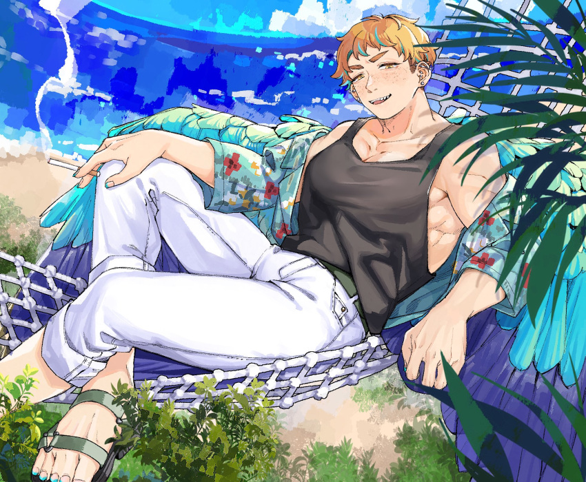 1boy beach bird_boy bird_wings black_tank_top blue_hair blue_sky blue_wings cigarette collared_shirt commentary_request denim fangs feathered_wings freckles full_body hammock hand_on_own_knee hawaiian_shirt highres holding holding_cigarette jeans looking_at_viewer male_focus multicolored_hair open_mouth orange_hair original outdoors palm_leaf pants rramarukun sandals shirt short_hair sitting sky solo streaked_hair tank_top toned toned_male undercut very_short_hair water white_pants wings yellow_eyes