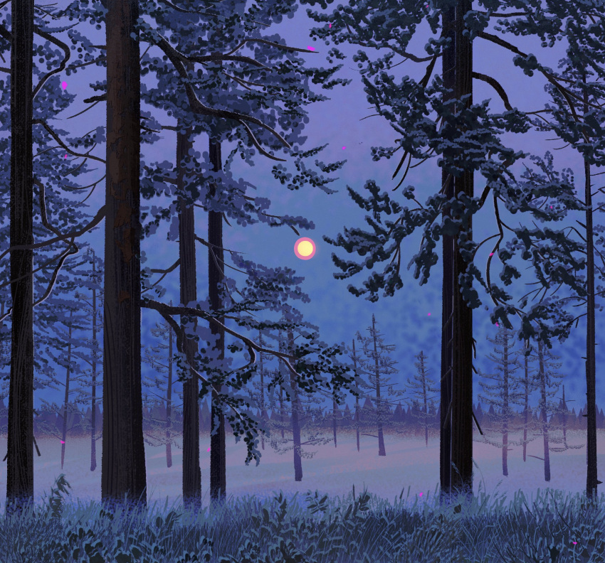 clear_sky film_grain forest full_moon grass highres horizon leaf moon nature night night_sky no_humans original outdoors poupee_(capo_sung) purple_sky scenery sky tree winter yellow_moon