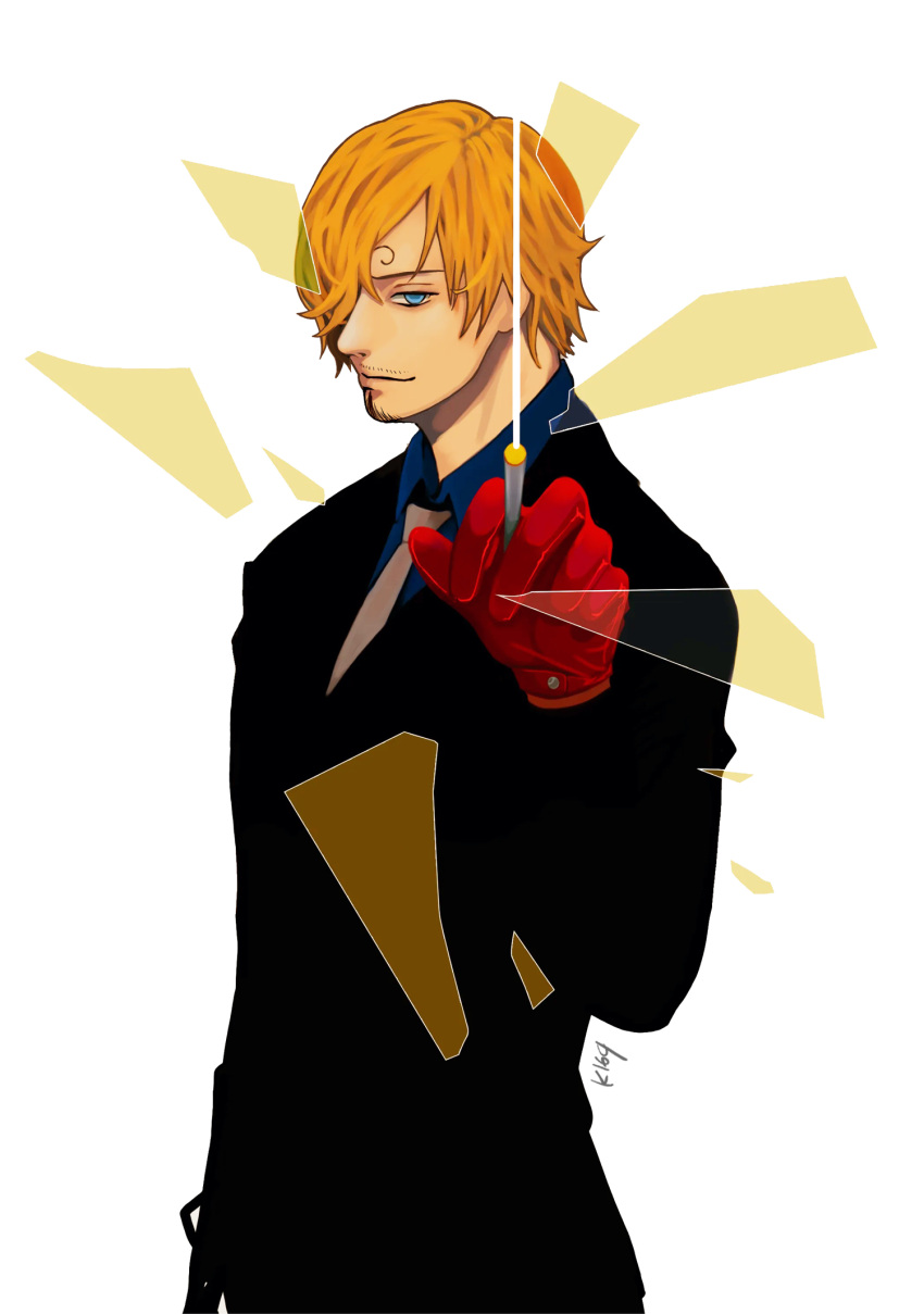 1boy blonde_hair blue_eyes cigarette closed_mouth commentary curly_eyebrows facial_hair formal gloves goatee highres holding holding_cigarette k164 looking_at_viewer male_focus necktie one_piece red_gloves sanji_(one_piece) short_hair signature smile smoke solo suit