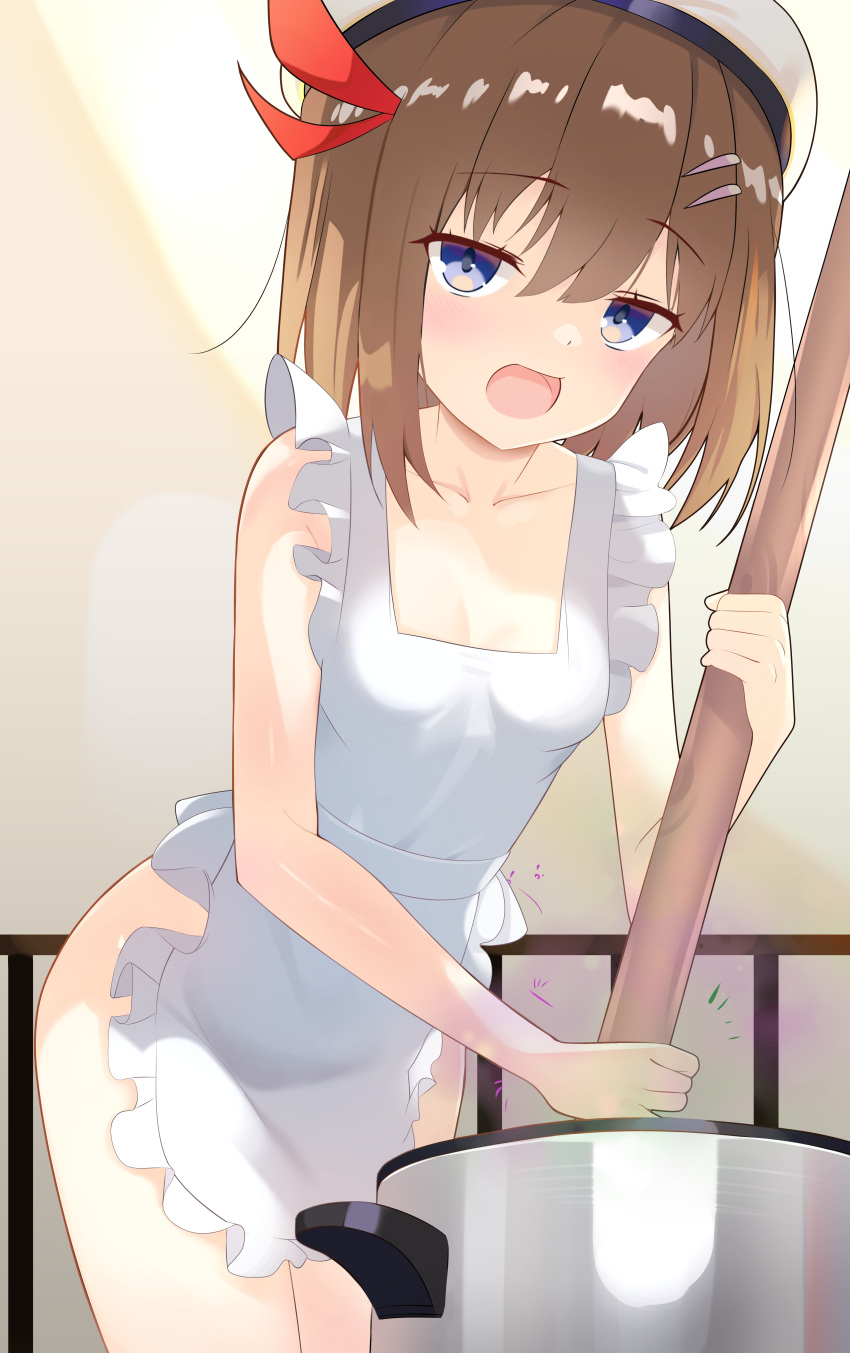 absurdres against_railing apron beret blue_eyes blush branch breasts brown_hair cooking_pot eyebrows_hidden_by_hair hair_between_eyes hair_ornament hairclip hat highres holding holding_branch looking_at_viewer n3moni naked_apron pussy railing sarasa_feed seductive_smile shinmai_renkinjutsushi_no_tenpo_keiei simple_background small_breasts smile splashing white_hat