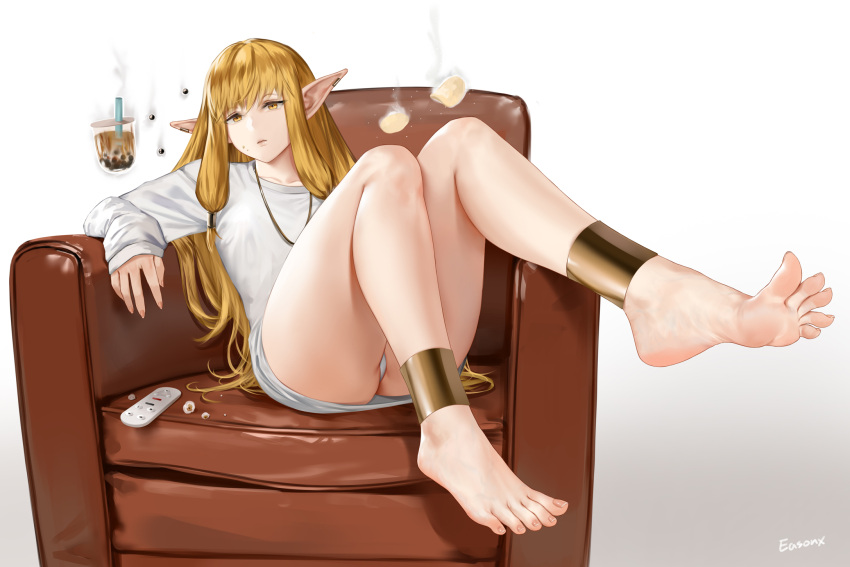 1girl alternate_costume anklet artist_name bare_legs barefoot blonde_hair breasts bubble_tea chips_(food) collarbone controller couch dorsiflexion drinking_straw easonx english_commentary feet floating floating_object food food_on_face foot_focus gradient_background hair_between_eyes hair_tubes highres jewelry knees_up legs long_hair long_sleeves looking_at_viewer nail_polish on_couch panties pointy_ears remote_control serie_(sousou_no_frieren) shirt sitting sleeves_past_wrists small_breasts soles solo sousou_no_frieren thighs toenail_polish toenails toes underwear white_panties white_shirt yellow_eyes