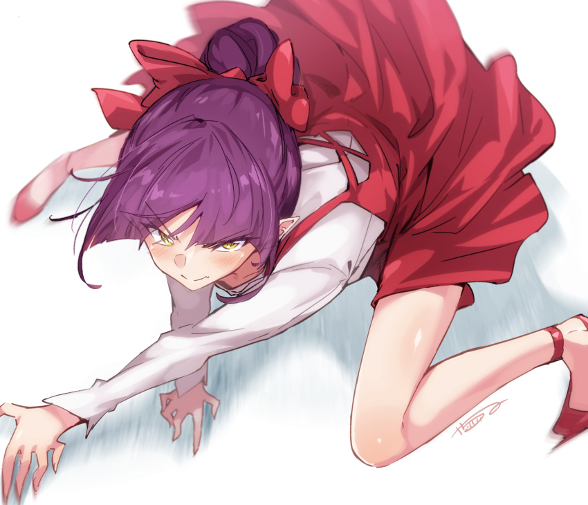 blush bow bun150 closed_mouth commentary_request dress eyebrows_visible_through_hair from_above gegege_no_kitarou hair_bow highres long_sleeves looking_at_viewer nekomusume nekomusume_(gegege_no_kitarou_6) pointy_ears purple_hair red_bow red_dress short_hair signature simple_background solo white_background yellow_eyes