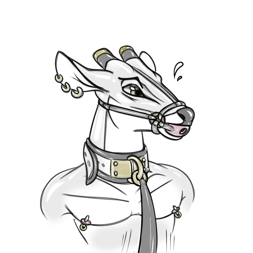 2023 adeer anthro ball_gag bdsm bodily_fluids bust_portrait collar cut_horn deer ear_piercing ear_ring gag gagged harness harness_ball_gag harness_gag hi_res leash leashed_collar male mammal muzzle_(object) nipple_piercing nipples pecs piercing portrait ring_piercing solo sweat sweatdrop